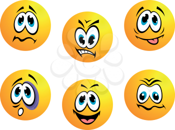 Collection of yellow emoticons showing a range of expressions including anger, bashful, happy, perplexed, shocked, worried and resigned ignorance isolated on white