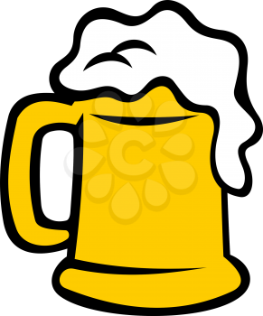 Full tankard overflowing with frothy beer, ale or lager isolated on white. Cartoon vector illustration