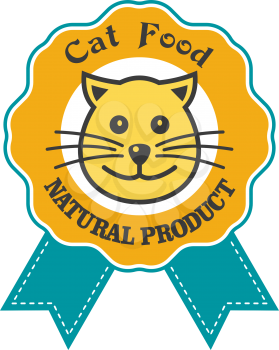 Quality cat food emblem with the text with the smiling face of a happy kitty. Vector illustration