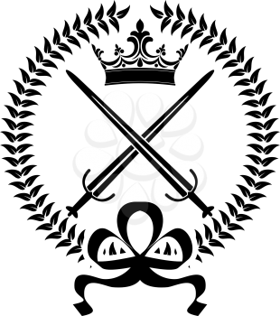 Black and white vector design element of a royal emblem with crossed swords and a crown surrounded by a foliate wreath and decorative bow