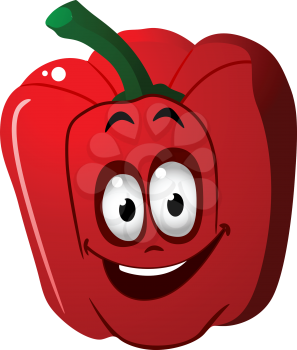 Colorful happy red sweet bell pepper vegetable with a toothy smile and green stalk, cartoon illustration isolated on white