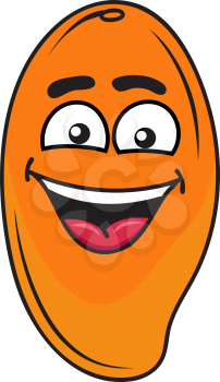 Joyful exotic orange mango fruit with a laughing face and toothy smile, cartoon illustration isolated on white