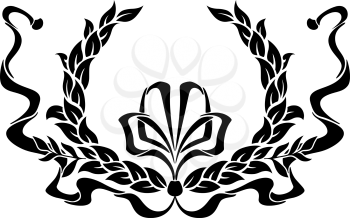 Black and white circular foliate laurel wreath with a swirling ornamental ribbon and bow