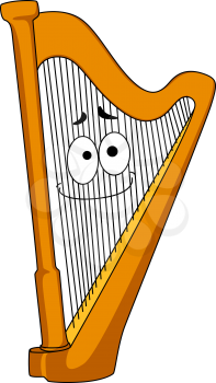 Classical wooden harp with a smiling face on the strings, cartoon illustration isolated on white