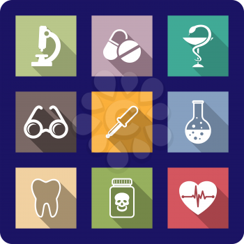 Flat medical and healthcare icons on colourful buttons depicting, a microscope, medication, pills, eyeglasses, dropper, laboratory flask, tooth, poison and a cardiology heart