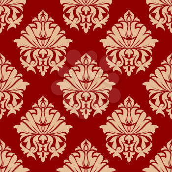 Retro damask style arabesque seamless pattern with repeat floral motifs on a red background, vector illustration