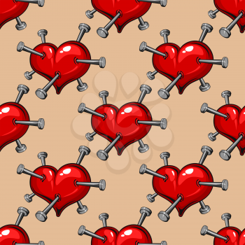 Seamless pattern of red hearts studded with nails conceptual of a broken or unrequited romance, heartbreak or ill-health, vector illustration in square format