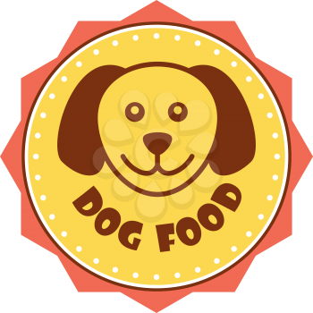 Dog Food label with the head of a cute smiling puppy in the centre of a yellow circle with a border, on white