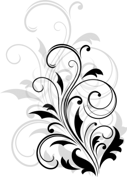 Dainty scrolling black and white floral element with a repeat enlarged design in grey behind it for an elegant vintage effect, vector illustration