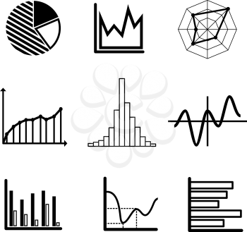 Set of black and white graphs and charts including a pie graph, bar graphs, fluctuating charts and infographics for business design