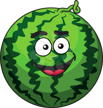Happy green cartoon watermelon fruit with a cute squiggly stem and happy grin, isolated on white