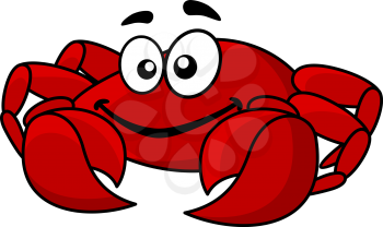 Fun smiling red cartoon marine crab with big front claws for seafood design, isolated on white