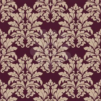 Seamless dense ornate arabesque pattern in vinous and beige with large foliate motifs in damask style, vector illustration