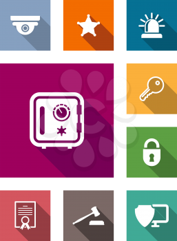 Flat safety and security icons on colorful web buttons with a lock, padlock, sheriffs star,police light, key, judges gavel, certificate and shield on a monitor