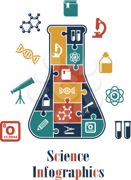 Science infographics with a conical laboratory flask containing numerous interlocked icons including a microscope, telescope, test tubes, DNA, chemical solution, atom, and atomic formula