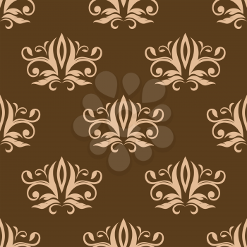 Brown and beige seamless arabesque pattern with a repeat floral motif in square format suitable for textile and wallpaper design