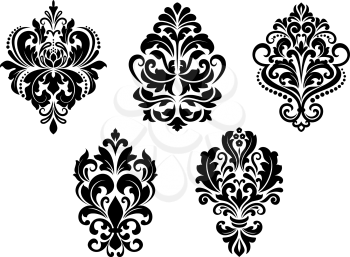 Set of five ornate foliate and floral design elements in black and white for retro design