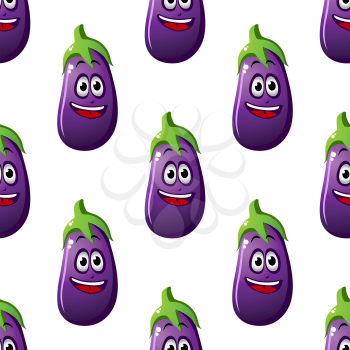 Seamless pattern of happy smiling purple cartoon eggplants or brinjals in square format
