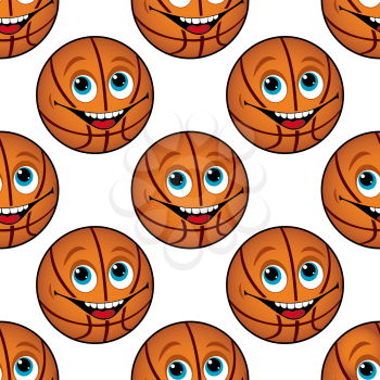 Seamless background pattern of a happy cartoon basketball with blue eyes and a toothy smile in square format suitable for textile or wallpaper