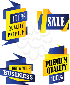Set of origami labels depicting 100% Quality Premium, Sale and Grow your business in yellow and blue isolated over white background in vertical format