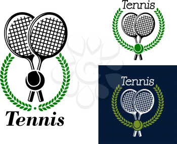 Tennis emblem with crossed tennis racquets and a ball surrounded by a circular laurel wreath with the text - Tennis - in three color variants