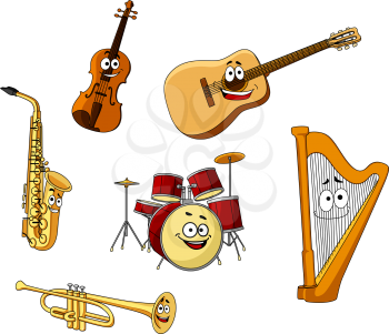 Set of classic musical instruments with a saxophone, violin, guitar, drums, harp, and trumpet with happy smiling faces, vector illustration on white