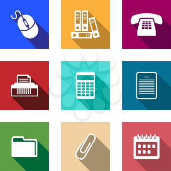 Flat office supply icons with a computer mouse, files, telephone, printer, calculator, PDA, folder, paper clip and a desktop calendar for application design
