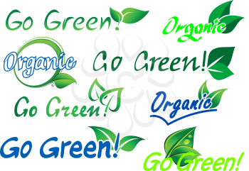 Set of colorful green and blue go green organic  labels with text and fresh green leaves isolated on white for any ecology design