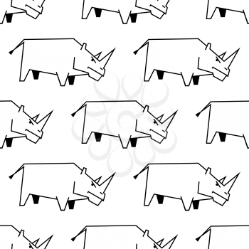 Seamless pattern of a stylized sketch black and white outline drawing of a rhinoceros in side view