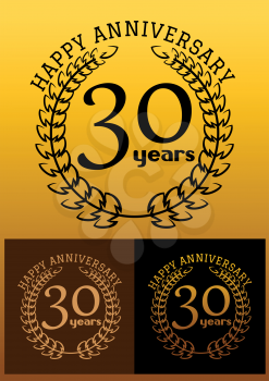 Laurel wreathes in three variations for anniversary and heraldry design with text Happy Anniversary 30 years. These icons depicts the completion of 30 years or 3 decades