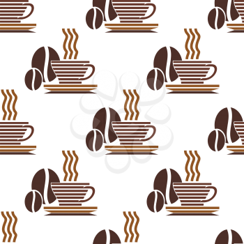 Seamless pattern of cups of steaming coffee with roasted coffee beans in a striking striped design