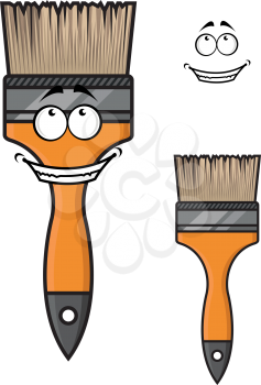Cartoon paintbrush with a wide happy smile and wooden handle, isolated on white background