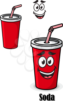 Soda drink in a red takeaway cup with straw with a happy smiling face and the text - Soda - plus a second variation with no face, isolated on white
