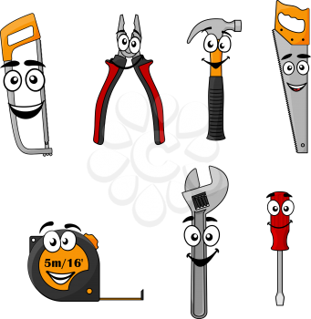 Set of cartoon DIY hand tools with happy smiling faces including a saw, pliers, hammer, hacksaw, tape, spanner and screw driver