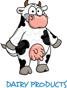 Dairy Products emblem with a cute black and white dairy cow standing on its hind legs showing off a pink udder and the words - Dairy products - below