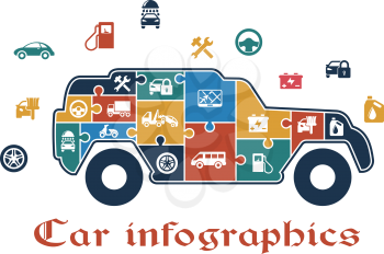 Colorful puzzle car infographic with the shape of an SUV filled with icons depicting fuel, tools, wheel, travel, battery, oil, security, sedan, pump and van which also surround the car on the outside
