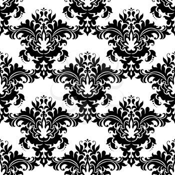 Heavy ornate seamless arabesque pattern with closely packed large floral motifs in black and white suitable for damask style fabric