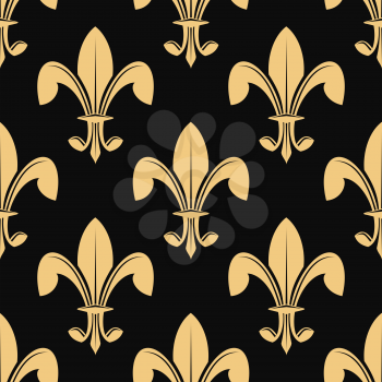 Seamless pattern of classical golden fleur de lys on black in a heraldic background suitable for wallpaper or fabric design