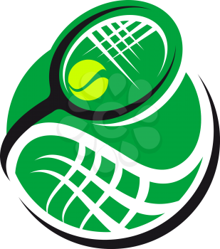 Tennis ball and racquet icon with a green ball and swirling superimposed racquet conceptual of sport, exercise and fitness design