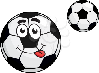 Cute black and white cartoon soccer ball with a protruding red tongue and bemused expression, with a second variant with no face, isolated on white background