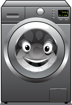 Cute cartoon silver washing machine with a happy face in the door, isolated on white background