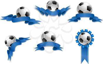 Set of six soccer balls with blank blue ribbons isolated on white background for sports design