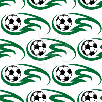 Soccer ball seamless pattern with green flames for sports design