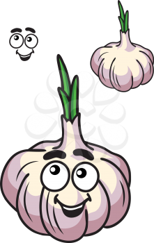 Healthy fresh garlic bulb vegetable with a happy smile and little green sprout with a second plain variation