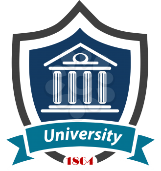 University emblem with a shield enclosing an academic building over a ribbon banner with the word - University - and the date 1864 below on white