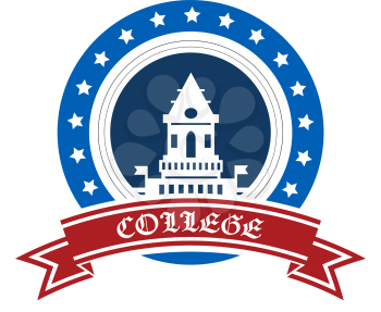 Blue College emblem with circular stars with text 'College' on red ribbon suitable for education industry
