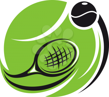 Stylized tennis icon with a green tennis ball superimposed with a curved racquet and ball with motion trails, isolated on white