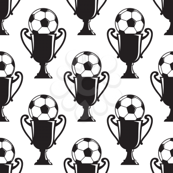 Soccer champions trophy seamless background pattern with a soccer ball or football balanced on top of an award cup, black and white 