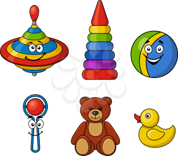 Set of brightly colored kids toys with a spinning top, ball, rattle, teddy bear, ring tower, and yellow duck isolated on white background