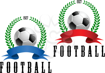 Football or soccer retro emblem with ball, laurel wreath, ribbon and text template